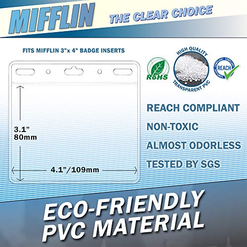 MIFFLIN Horizontal No Zip Plastic Card Holder with Metal Clip and Vinyl Straps (Clear, 3x4 Inch, 100 Pack), Quick Load PVC ID Name Badge with Clips