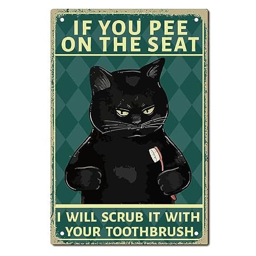 CREATCABIN Cartel de Hojalata Con Diseño de Gato Negro, Metal Vintage y Retro Para Pintura de Baño, Placa de Hierro, Decoración de Pared, Mural de Arte Para Colgar, 30x20 cm