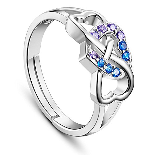SHEGRACE Bague Infini Femme en 925 Argent Pur, Anneau Reglable Coeur dans Infinite avec AAA Zircons Demi Violet et Demi Bleu, Platine, 17mm (Reglable)