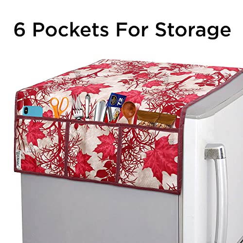 Image of Polyester 3-Layered Fridge Top Cover /Refrigerator Cover with Utility Pockets and Set of 4 Pc Fridge Mats (Color-Floral Red, Size-39x21 Inches)