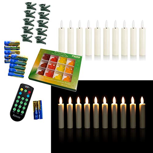 Preisvergleich Produktbild DbKW (Creme 10er) NEUHEIT! Echtflamme-LED Christbaumkerzen, Fernbedienung Timer Dimmfunktion Flackerlicht + 12tlg. Kalff Seifenset! Baumkerzen Weihnachtskerzen