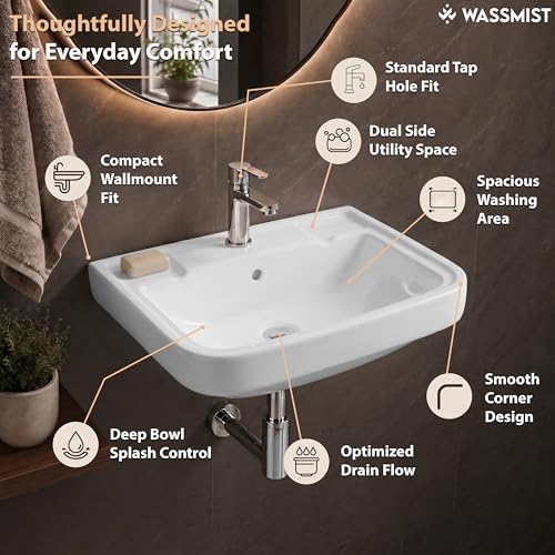 Image of WASSMIST Wash Basin | Wall Hung Wash Basin for Bathroom with 10 Year Glaze Warranty | Premium Ceramic Compact Basin with Tap Hole (15.7 X 14 X 6.1 Inch)