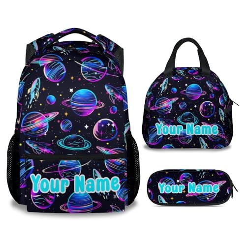 Personalized Boys Backpack Set for School, Planet Backpack for Kids Preschool, 17 Inch Custom Planet School Bookbag with Lunch Box and Pencil Case, Durable, Lightweight Black Backpack