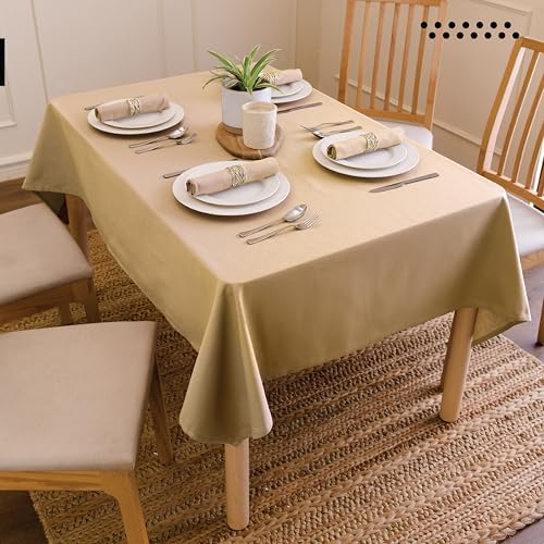 Image of Encasa XO Dining Table Cover Cloth for 4 to 6 Seater | 140x180 cm Cotton Canvas Rectangular Table Cloth | Machine Washable Tablecloth for Indoor & Outdoor Use - Light Beige Solid Color