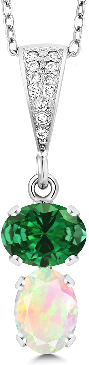 Gem Stone King 3.22 Cttw Green Simulated Emerald and White Simulated Opal Pendant Necklace For Women | 925 Sterling Silver | Oval 8x6MM | With 18 Inch Chain
