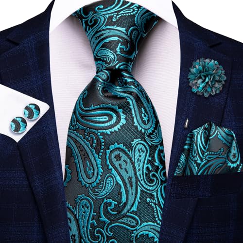 Image of Hi-Tie Men's Tie Lapel Pin Set Pocket Square Cufflinks Formal Woven Silk Tie Sets Wedding Party
