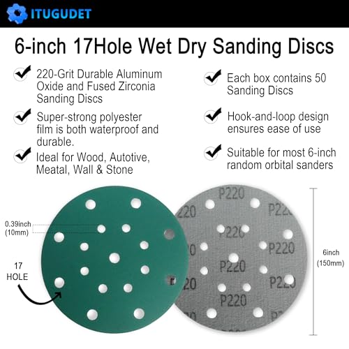 Image of 6 Inch 17 Hole 220 Grit Zirconia Alumina Hook & Loop Sanding Discs, Heavy-Duty Polyester Film Backing, Wet /Dry Anti-Clog for Random Orbital Sanders - Wood, Automotive, Metal - 50 Pack