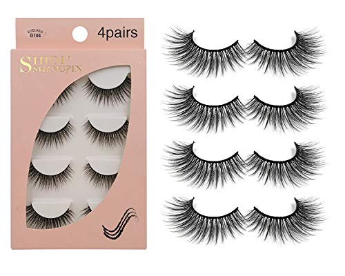 False Eyelashes 4 Pairs - Professional Reusable Face Eyelashes Fit for All Eyes, Natural Thick Hand-Made 3D Faux Mink Eyelashes for a Beautiful Makeup Look G104