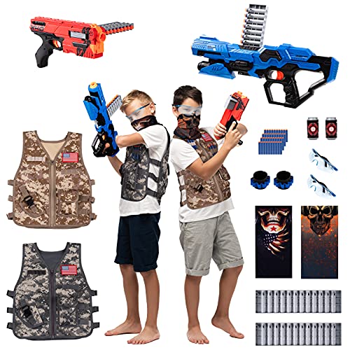 BABY FUN 2 Pack Kids Adjustable Tactical Vest Kit, Nerf Guns N-Strike Elite Series with 2 Dart Blasters, 40 Pcs Refill Darts, 2 Reload Clips, 2 Face Masks, 2 Wrist Bands, 2 Protective Glasses