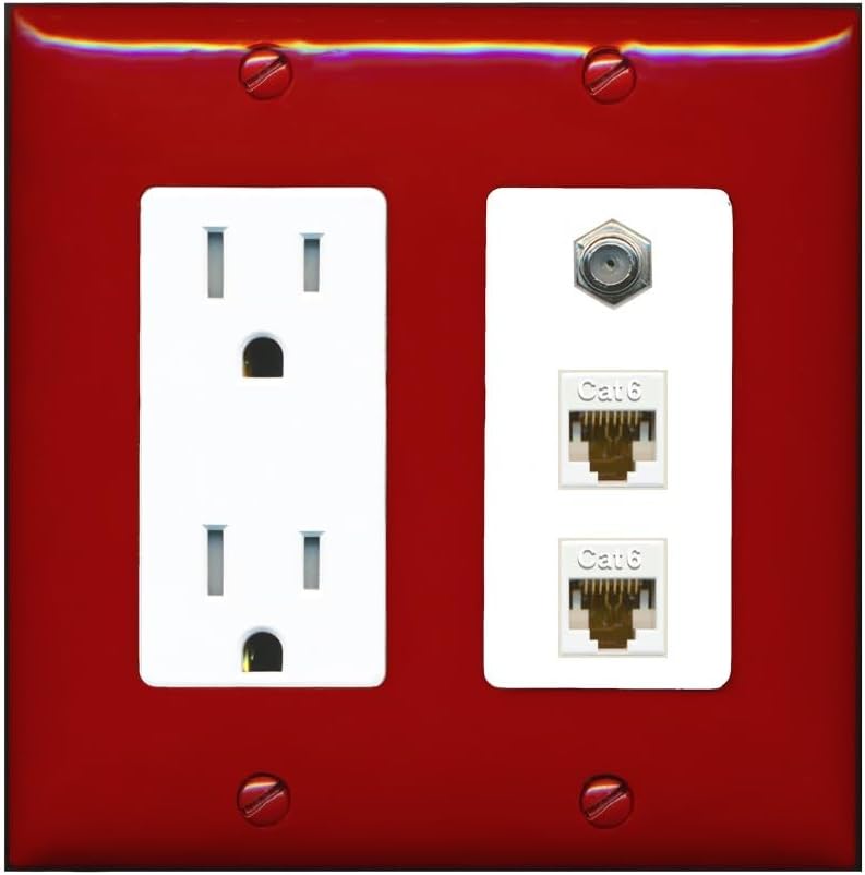 RiteAV - 2 Port Cat6 Ethernet 1 Coax Cable TV Wall Plate - Tamper-Resistant Outlet [Red/White]