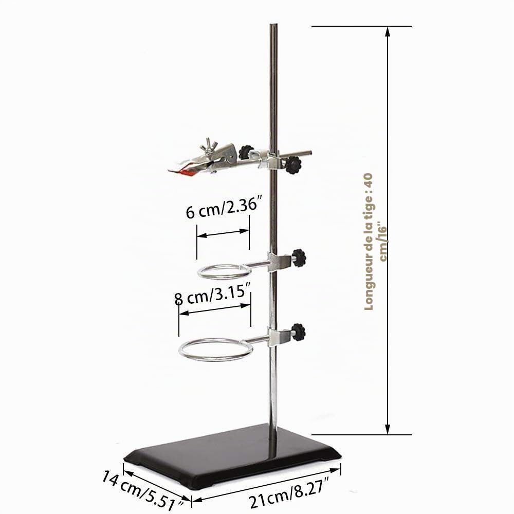 Support de laboratoire (21x14cm), 2 anneaux (dia. 5 cm/7,3 cm), tige (40 cm de long) et pince de burette