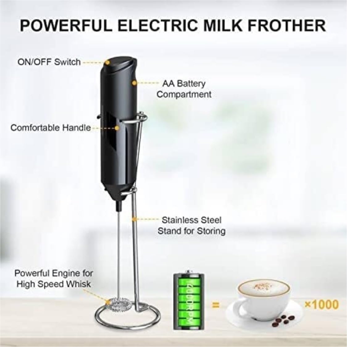 Montalatte Montalatte Elettrico Tenuto in Mano con Supporto in Acciaio Inossidabile A Batteria per Schiuma per caffè Cappuccinatore