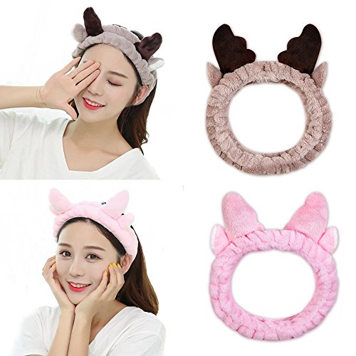 KOOBA 2 Pack Cat Deer Cute Ears Headband, Soft Elastic Hair Band, Washable Facial Band Makeup Wrap for Women Shower SPA Mask, Fits All Head Sizes (Brown & Pink)
