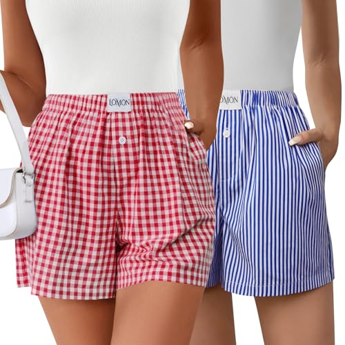 Image of LOMON Boxer Shorts for Women Summer Gingham Pajamas 2026 Lounge Sleep Pj Plaid Shorts Y2K Beach Bottoms with Pockets