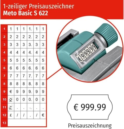Original Meto Basic S Preisauszeichner Set - Preis (1-zeilig, 6-stellig für 22 x 12 mm Etiketten, sofort einsatzbereit), 1x Handauszeichner, silber-teal