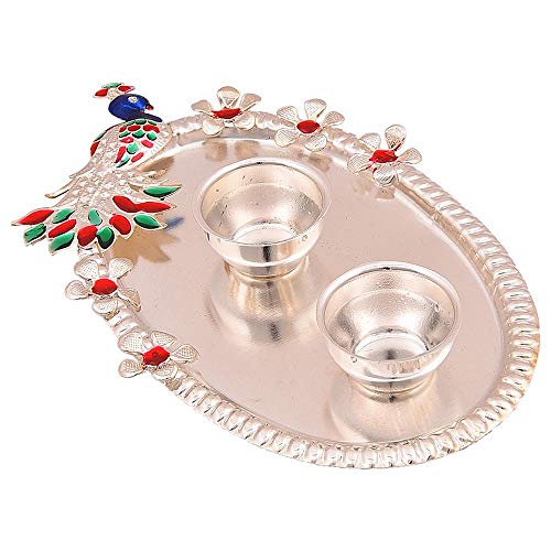 Image of German Silver Choran Roli, Chawal-Akshat-haldi-Sindoor-Kumkum Plate for Gift | Pooja