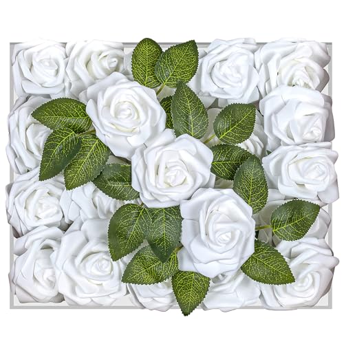 Petalscentusia Artificial Roses 25 pcs Fake Roses with Stems and 18 Leaves Foam Latex for Wedding Bouquets, Valentine's Day, Home Décor, and Party Decorations (White Roses)