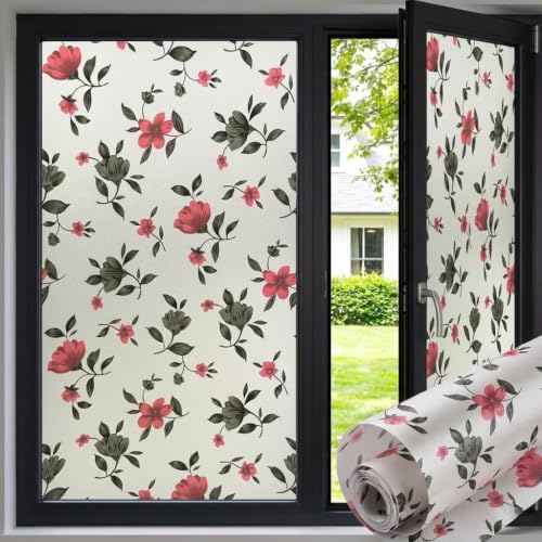 Image of Premium Vinyl Privacy Stained Window Glass Sticker (16x48 Inch) - Self-Adhesive Decorative Sticker Opaque Tint Wallpaper for Glass Cover Window, Door, Office, Home.| Anti-UV. Red Black Flowers