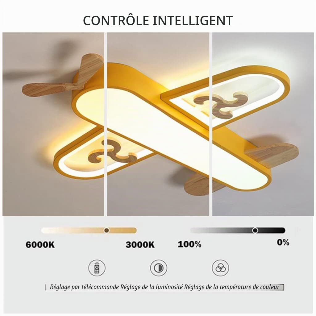Lampe Suspension de chambre d'enfants LED bois plafonnier lustre d'avion de dessin animé moderne avec télécommande protection des yeux Pendentif lumière restaurant étude chambre Luminaire,Bleu