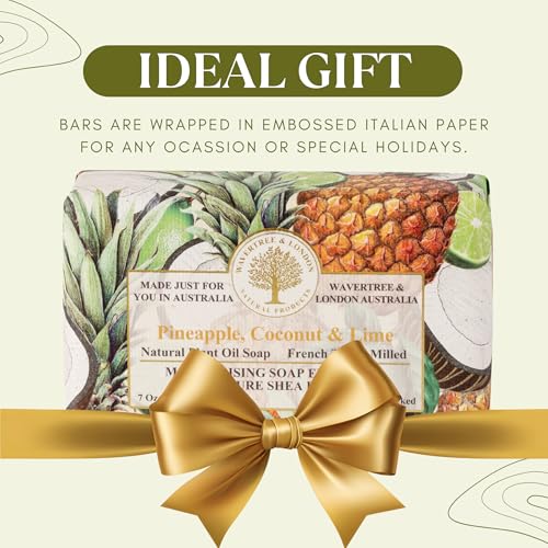 Image of Wavertree & London Pineapple, Coconut & Lime Scented Natural Soap (2 Bars), 7oz Moisturizing French Triple Milled Soap Bars enriched with shea butter - Pure Plant Oil Bath & Body Soap Bars