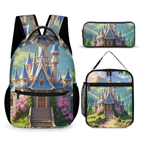 Colorful Castle Backpack Set 3 Piece, Durable Backpack Insulated Lunch Bag Portable Pencil Case for Men Women