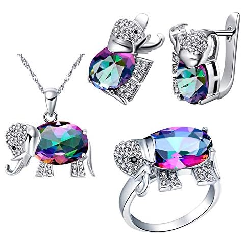 Uloveido White Gold Plated Large Multicolor Stone Elephant Earrings Necklace Pendant and Charm Anniversary Rings Jewelry Set Cover