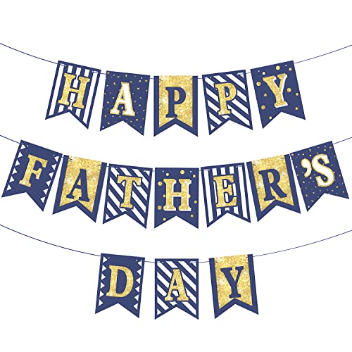 Image of Happy Father's Day Gold Banner Bunting Banner for Dad Father's Party Decorations Backdrop Garland for Father's Day (blue gold)
