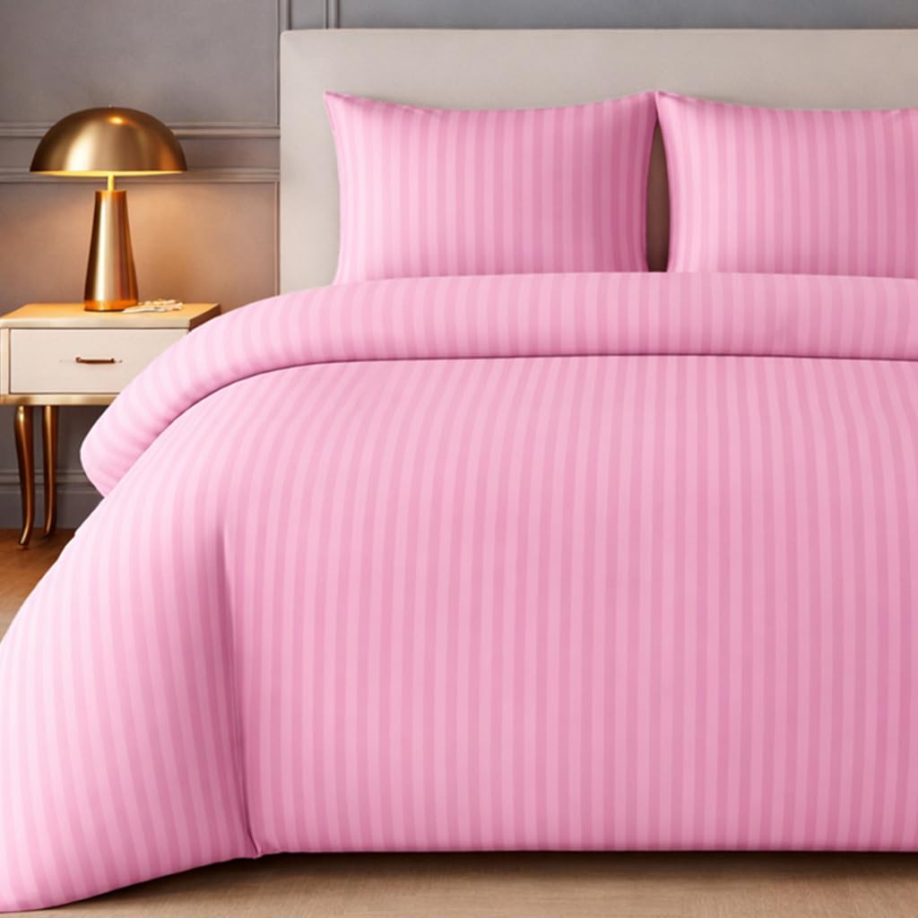 Lazzaro Home Feel The Difference Pink Lazzaro Satin Stripe Single Duvet Cover Set Pack Of 2 - Premium Hotel Quality Quilt Cover Single Bedding Set - Ultra Soft Hypoallergenic Duvet Cover Single With Zipper Closure
