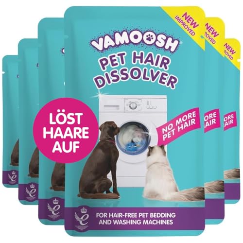 Vamoosh Tierhaarentferner – Tierhaarentferner für Waschmaschinen, 6x100g, entfernt Gerüche, löst Hunde-, Katzen- und Tierhaare auf, reinigt Haustierbettwäsche in der Waschmaschine