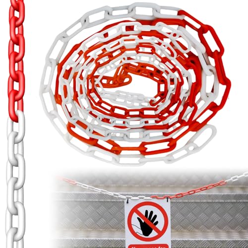 Absperrkette 15m, 6mm Warnkette Rot Weiß Kunststoff, Rot Weiß Plastikkette/Kunststoff Warnkette, Baustellensicherungskette, Kunststoff-Gliederkette zum Absperren für Warnsicherheit Parkplatz