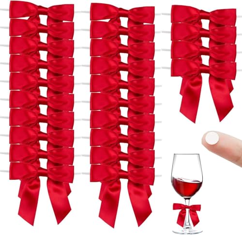 100PCS Twist Tie Bows, BetterJonny Handmade Small Pre Tied Gift Wrap Satin Bows Ribbon for Wedding, Birthday, Baby Shower, Treat Bags, Party Decorations,Red