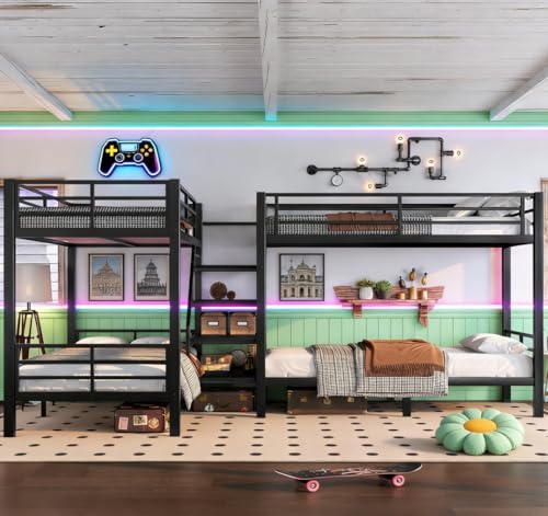 Bellemave Twin L-Shaped Quad Bunk Beds with Stairs Heavy Duty Metal 4 Bunk Beds with Storage Shelves for Kids Teens Adults Black