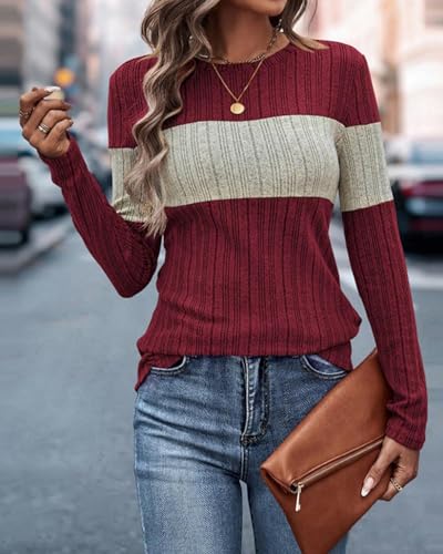 Image of SherryDC Women Long Sleeve Tunic Shirts Lightweight Thin Sweater Color Block Ribbed Casual Crewneck Fall Top