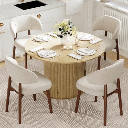 Image of MALOL 47 inch-63 inch Extendable Round to Oval Dining Table Chairs Set for 4-8, Modern Wooden Kitchen Table and Chairs with Hidden Storage and Fluted Design for Dining Room /Small Space(Natural Wood and Beige)