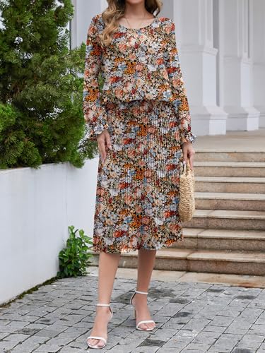 Womens Casual Midi Dress Long Sleeve Floral Chiffon A Line Flowy Vacation Dresses3