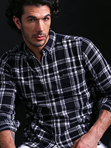 Image of THE BEAR HOUSE Men's Cotton Slim Flannel Button-Down Casual Shirt |Black |L |TBH-Tally-BK-L |