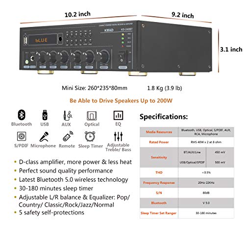 KEiiD Bluetooth (V5.0) Stereo Digital Amplifier Receiver RMS 2X 40W for Home Audio Passive Speakers System, Compact with USB/Optical/SPDIF/AUX/MP3/Mic, Remote Control Sleep Timer