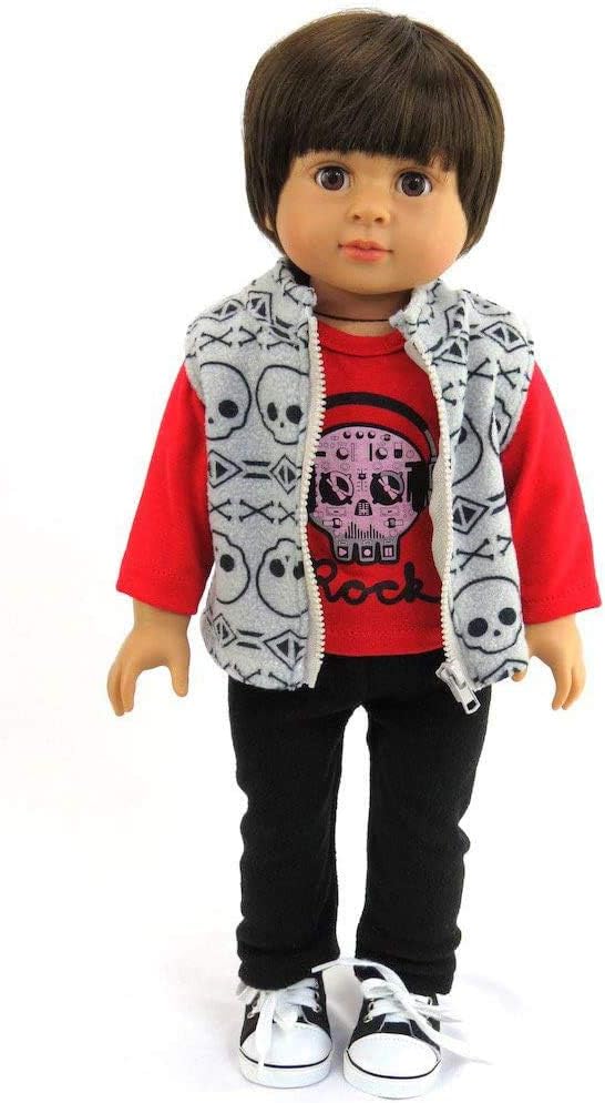 American Fashion World 18-Inch 'Mason' Vinyl Posable Boy Doll with Short Brunette Hair | 3 Piece Rockstar Outfit Included | Premium Quality & Design | Doll Clothes