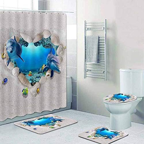 WODEJIA Shower Curtains with Bath Rugs Non-Slip Soft Toilet Lid Cover for Bathroom,Home Tub Curtains Sets with Memory Foam Rugs,3D Print Durable Polyester Fabric Four-Piece Heart-Shaped Dolphin