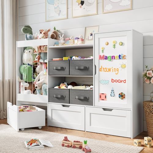 VortinT 61 W Kids Toy Storage Organizer with Stuffed Animal Storage 3 Movable Storage Drawers 4 Removable Storage Bins Wooden Bookshelf with Magnetic Drawing Board for Kids Room & Playroom White