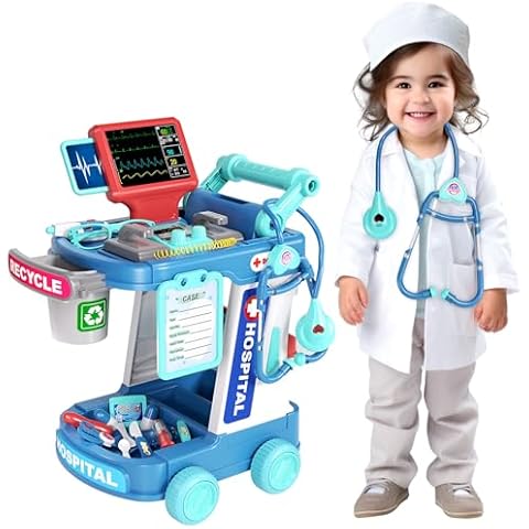 Doctor Kit for Kids, Pretend Doctor Playset for Toddlers with Cart, Costume and Stethoscope, Role Play Medical Toy for Girls Boys Toddlers 3-8 Birthday Gifts Cover
