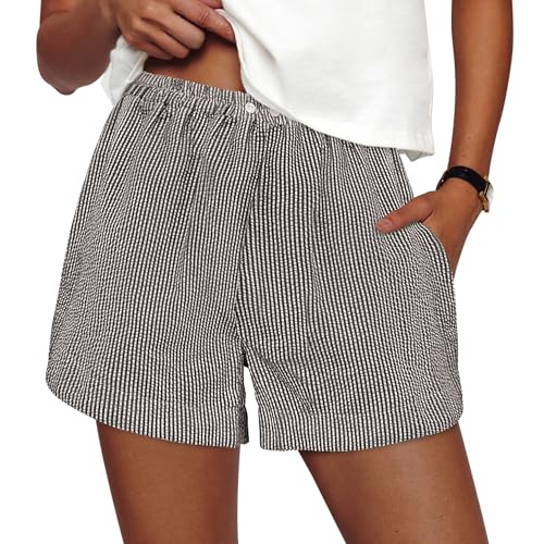 PRETTYGARDEN Women's Striped Boxer Shorts Summer 2026 Trendy Casual Elastic Waist Lounge Sleep Pajama Bottoms Beach Shorts (Striped Black White,Medium)