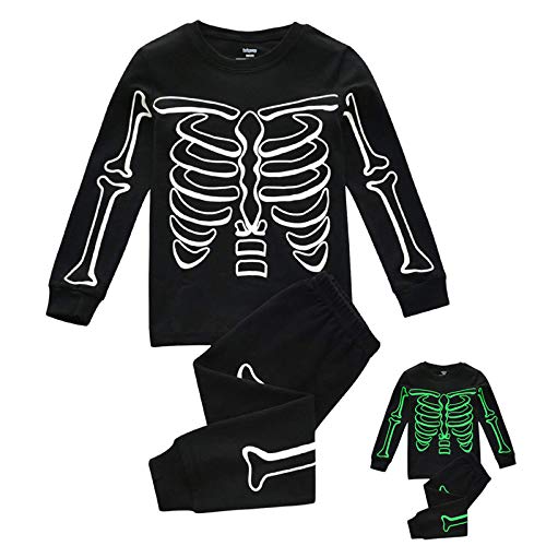 Fossen Kids Disfraz Halloween Pijama Niño Invierno con Estampado de Huesos Luminoso, Traje de Manga Larga Top + Pantalones Disfraces Halloween Niñas 1-7 años (Negro, 5-6 años)