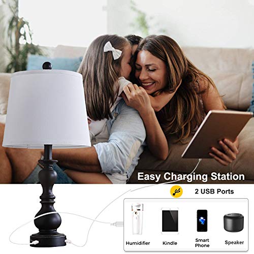 Dungoo Resin Table Lamp Sets Of 2 For Bedroom Living Room Plug In Bedside Nightstand Light Lamps With 2 Usb Ports White Fabric Shade, 22In 2-Pack(Black) #TOP2