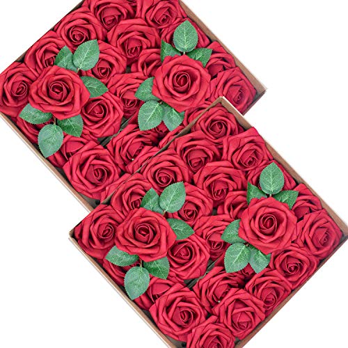 Foraineam 50Pcs Artificial Roses Flower Real Looking Foam Rose Fake Flowers With Stem & Leaves For Diy Wedding Bouquets Centerpieces Party Home Decorations (Dark Red) #TOP5