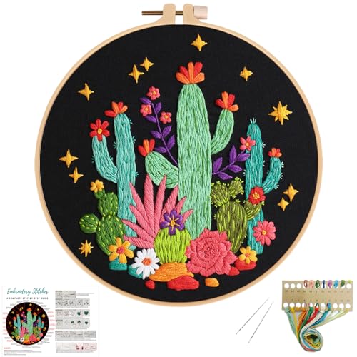 Image of Louise Maelys Cactus Embroidery Kit, Cross Stitch Kit for Beginner Adults | Cactus Embroidery Starter Kit With Stamped Fabric, Hoop, Threads, Needles And Instructions For Adults DIY Cross Stitch Craft