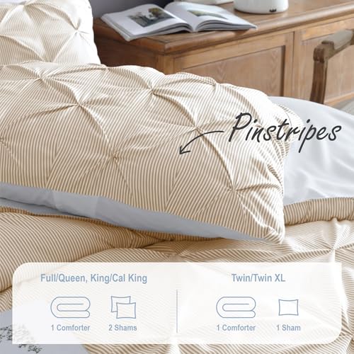 Image of Swift Home King Pinstripe Taupe Comforter Set - Classic Pintuck Bedding Set - 3 Pieces Bed Linen, 1 Comforter and 2 Pillow Shams