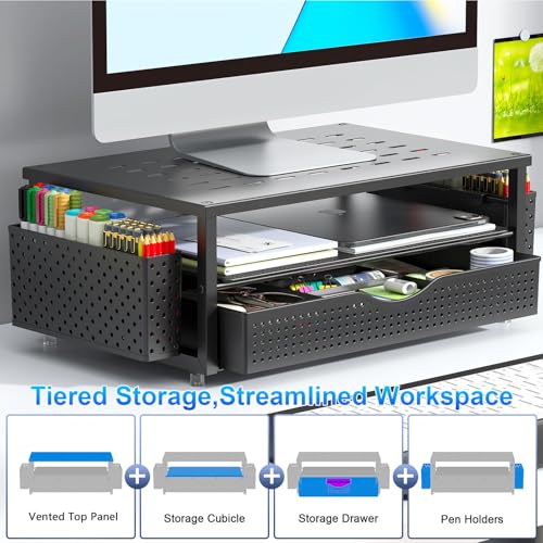 gianotter Desk Organizers and Accessories, Monitor Stand with Drawer and 2 Pen Holder, Desktop Organizer Suitable for Offices and Dormitories (Black)