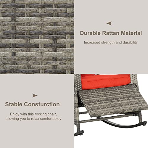 Outsunny Outdoor Rattan Wicker Rocking Chair Patio Recliner With Soft Cushion, Adjustable Footrest, Max. 135 Degree Backres, Red #TOP5