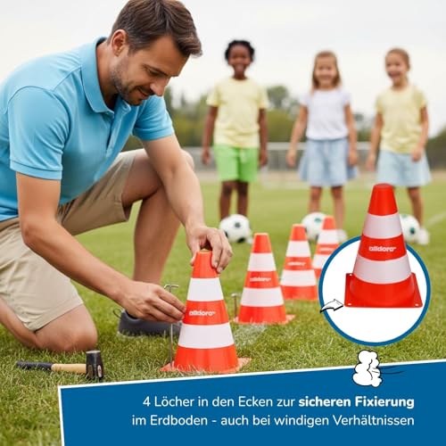alldoro 60090 Pylonen 4er-Set für Kinder, Verkehrshütchen orange-weiß, 18 cm hoch, stapelbare Leitkegel für Slalom, Sport & Freizeit